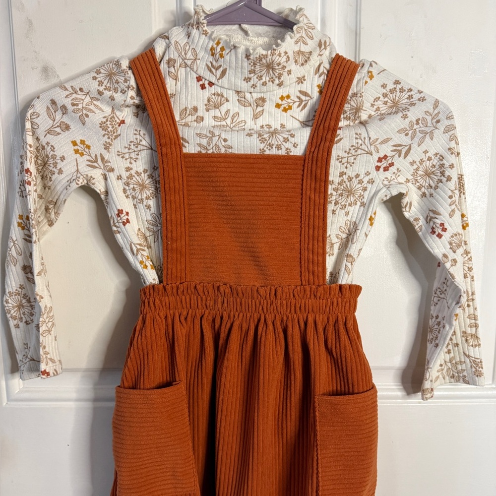 Wonder Nation Orange/Rust  Corduroy Kids Overall skirt w matching tshirt